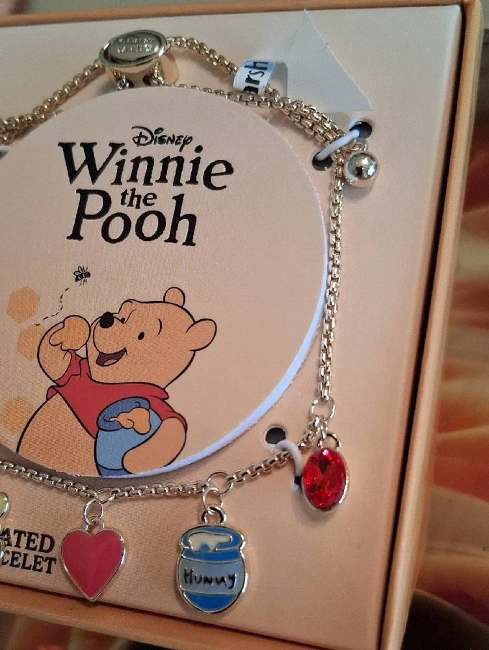 Disney Winnie the Pooh Gold Charm Bracelet W/ Red & Blue Accents.NWT. Super Cute